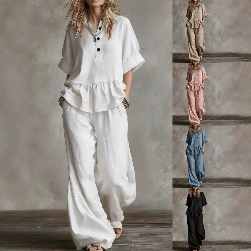 New Women's Casual V-neck Pullover Short-sleeved Trousers Washed Cotton Multi-color Suit
New Women's Casual V-neck Pullover Short-sleeved Trousers Washed Cotton Multi-color Suit