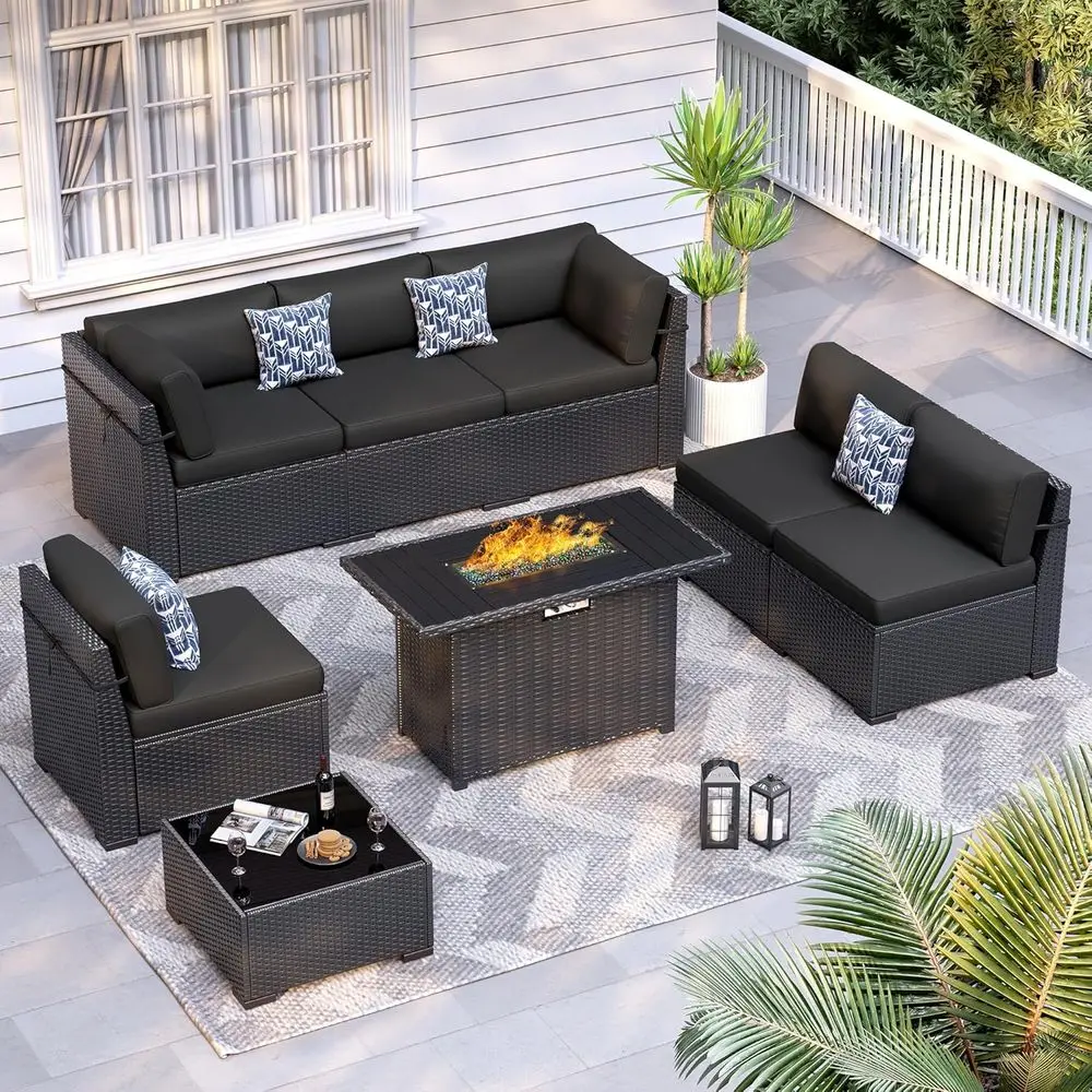 8-Piece Outdoor Wicker Furniture Set with 44 Fire Pit Table and Cushioned Sectional Sofa for Garden and Backyard (Black)
8-Piece Outdoor Wicker Furniture Set with 44 Fire Pit Table and Cushioned Sectional Sofa for Garden and Backyard (Black)