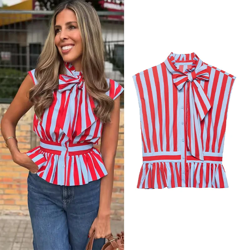 Women's Striped Shirt New 2026 Spring Fashion Lace-Up Bow Sleeveless Pleated Neck Women Tops Simple Lady Shirts & Blouses
Women's Striped Shirt New 2026 Spring Fashion Lace-Up Bow Sleeveless Pleated Neck Women Tops Simple Lady Shirts & Blouses