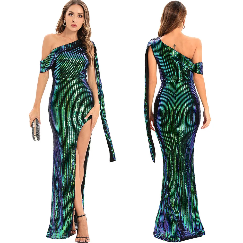 Sexy backless single shoulder streamer sequined dress evening dress summer temperament elegant and thin simple new women's cloth
Sexy backless single shoulder streamer sequined dress evening dress summer temperament elegant and thin simple new women's cloth