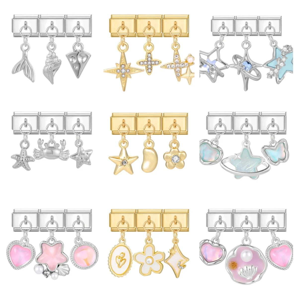 Wholesale 3pc Blue Pink Shiny Star Bow Butterfly Heart Italian Charm Links Fit 9mm Stainless Steel Bracelet Jewelry DIY Making
Wholesale 3pc Blue Pink Shiny Star Bow Butterfly Heart Italian Charm Links Fit 9mm Stainless Steel Bracelet Jewelry DIY Making