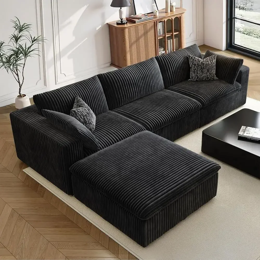 Luxury L-Shaped Deep Seat Sectional Sofa with Ottoman, Corduroy Fabric, DIY Living Room Furniture, Ready to Use, Black
Luxury L-Shaped Deep Seat Sectional Sofa with Ottoman, Corduroy Fabric, DIY Living Room Furniture, Ready to Use, Black