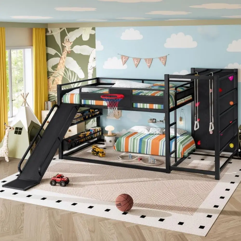 Industrial Style Metal Full Size Bunk Bed with Slide, Basketball Hoop, Pull-Up Rings, Climbing Wall, and Built-in Bookshelves, B
Industrial Style Metal Full Size Bunk Bed with Slide, Basketball Hoop, Pull-Up Rings, Climbing Wall, and Built-in Bookshelves, B