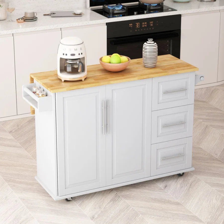 Kitchen Island Cart with 2 Door Cabinet and Three Drawers 43.31 Inch Width with Spice Rack Towel Rack White 
Kitchen Island Cart with 2 Door Cabinet and Three Drawers 43.31 Inch Width with Spice Rack Towel Rack White