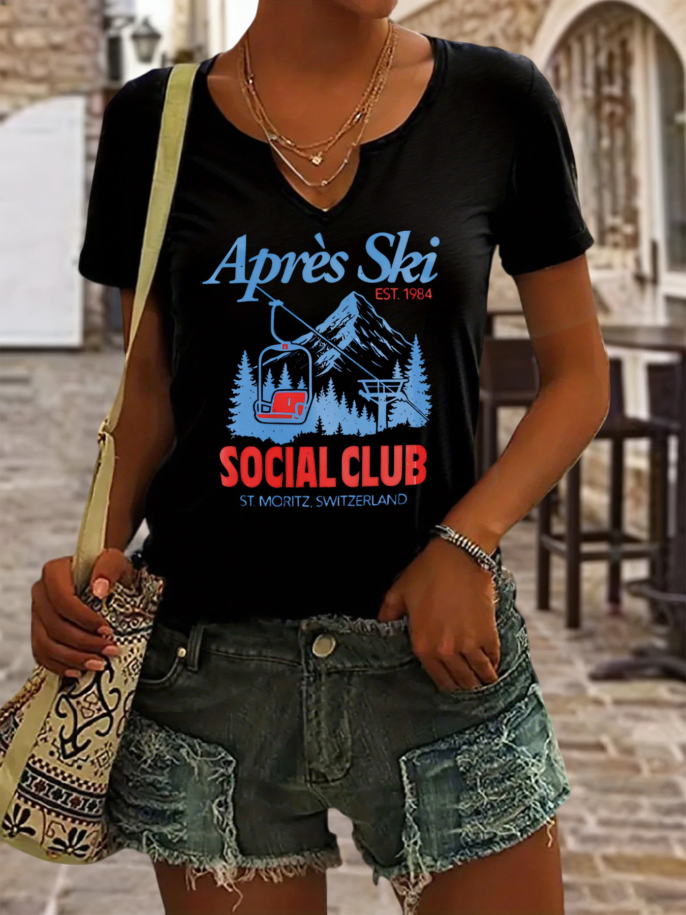 Women's Summer V-Neck Short Sleeve T-Shirt, "Après Ski Social Club" Mountain Cable Car Print, Retro Skiing Casual Top
Women's Summer V-Neck Short Sleeve T-Shirt, "Après Ski Social Club" Mountain Cable Car Print, Retro Skiing Casual Top