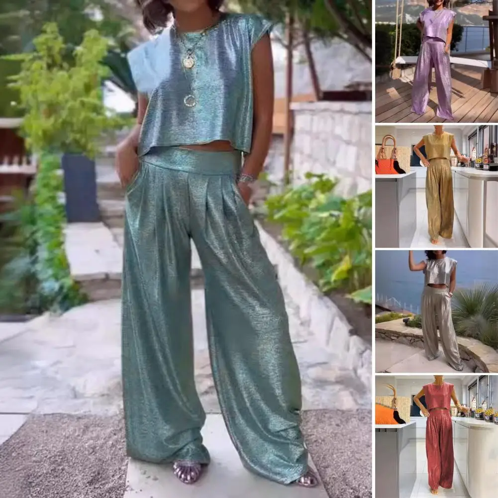 Women Two Piece Set Loose Fit Outfit Fashion Women's Glossy Round Neck Sleeveless Crop Top Wide Leg Pants Casual Two-piece Set
Women Two Piece Set Loose Fit Outfit Fashion Women's Glossy Round Neck Sleeveless Crop Top Wide Leg Pants Casual Two-piece Set