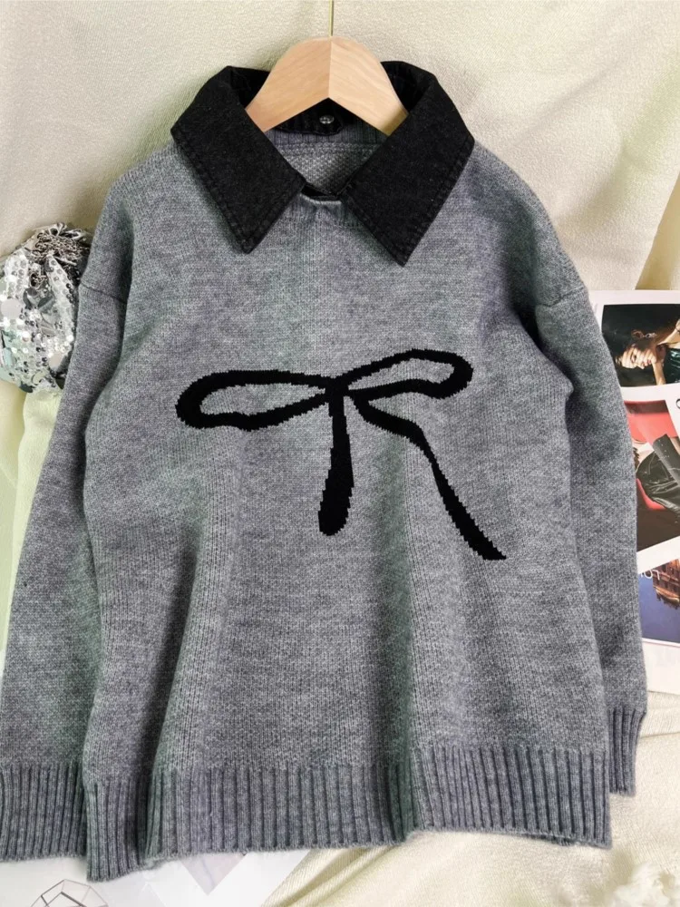 Новый универсальный вязаный пуловер с бантом, осенний модный шикарный удобный повседневный женский свитер с длинными рукавами и лацканами 
Новый универсальный вязаный пуловер с бантом, осенний модный шикарный удобный повседневный женский свитер с длинными рукавами и лацканами