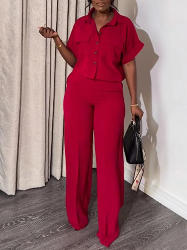 Women Two-pieces Set Spring Summer New Style Lapel Short-sleeved Shirt High Waist Wide Leg Trousers Casual Suit Female Clothing
Women Two-pieces Set Spring Summer New Style Lapel Short-sleeved Shirt High Waist Wide Leg Trousers Casual Suit Female Clothing