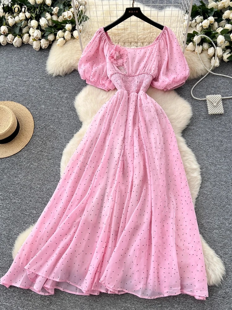 New Polka Dot Vintage Robe Femme 3D Flower Elastic Waist Dresses for Women Korean Temperament Maxi Dress 2025 Vestidos De Mujer
New Polka Dot Vintage Robe Femme 3D Flower Elastic Waist Dresses for Women Korean Temperament Maxi Dress 2025 Vestidos De Mujer