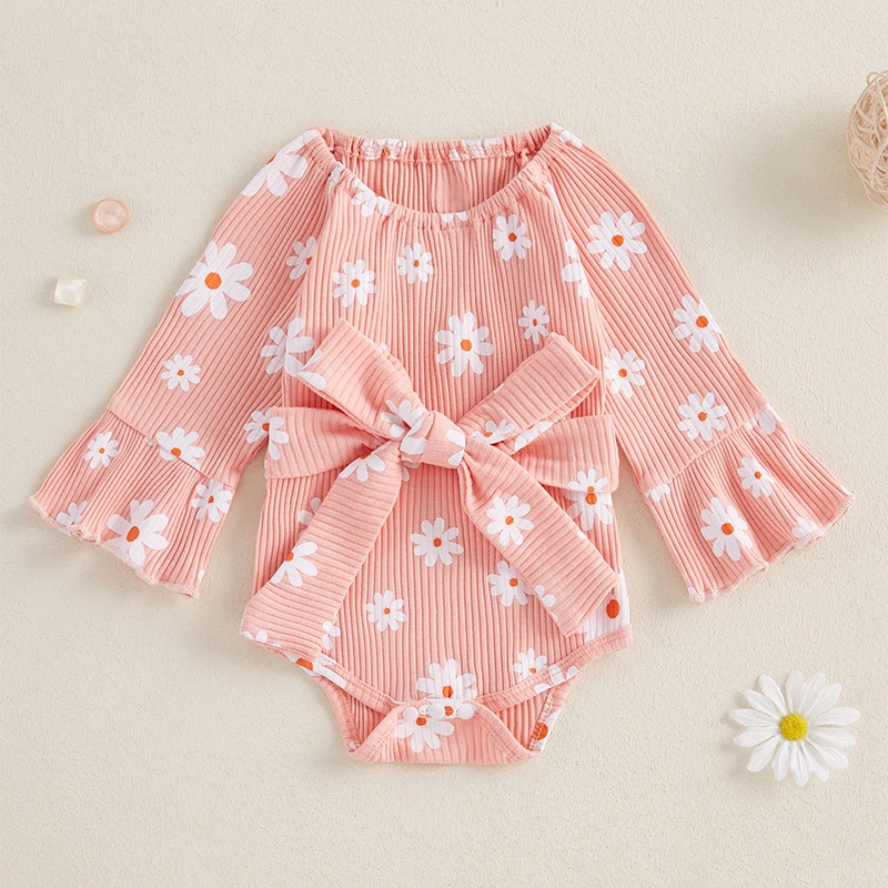 0-18 Months Baby Girls Ribbed Romper Dress Floral Print Long Bell Sleeve Round Neck Bow Waistband Adorable Outfits
0-18 Months Baby Girls Ribbed Romper Dress Floral Print Long Bell Sleeve Round Neck Bow Waistband Adorable Outfits
