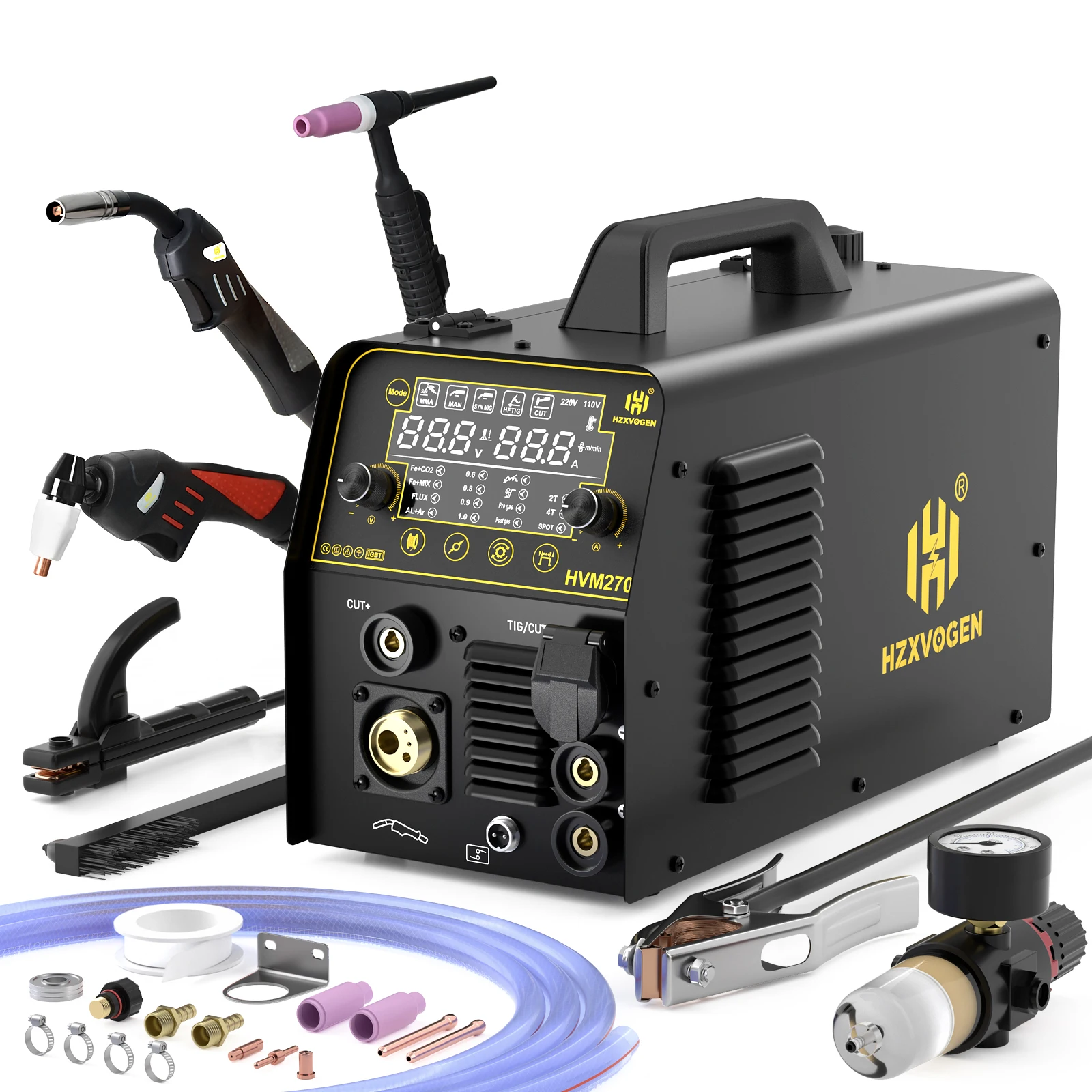 HZXVOGEN HVM270 6 in 1 Aluminum Welding Machine Cut/Gas MIG/Gasless MIG/HF TIG/MMA Digital Screen 2T 4T Inverter Welder Stainles
HZXVOGEN HVM270 6 in 1 Aluminum Welding Machine Cut/Gas MIG/Gasless MIG/HF TIG/MMA Digital Screen 2T 4T Inverter Welder Stainles