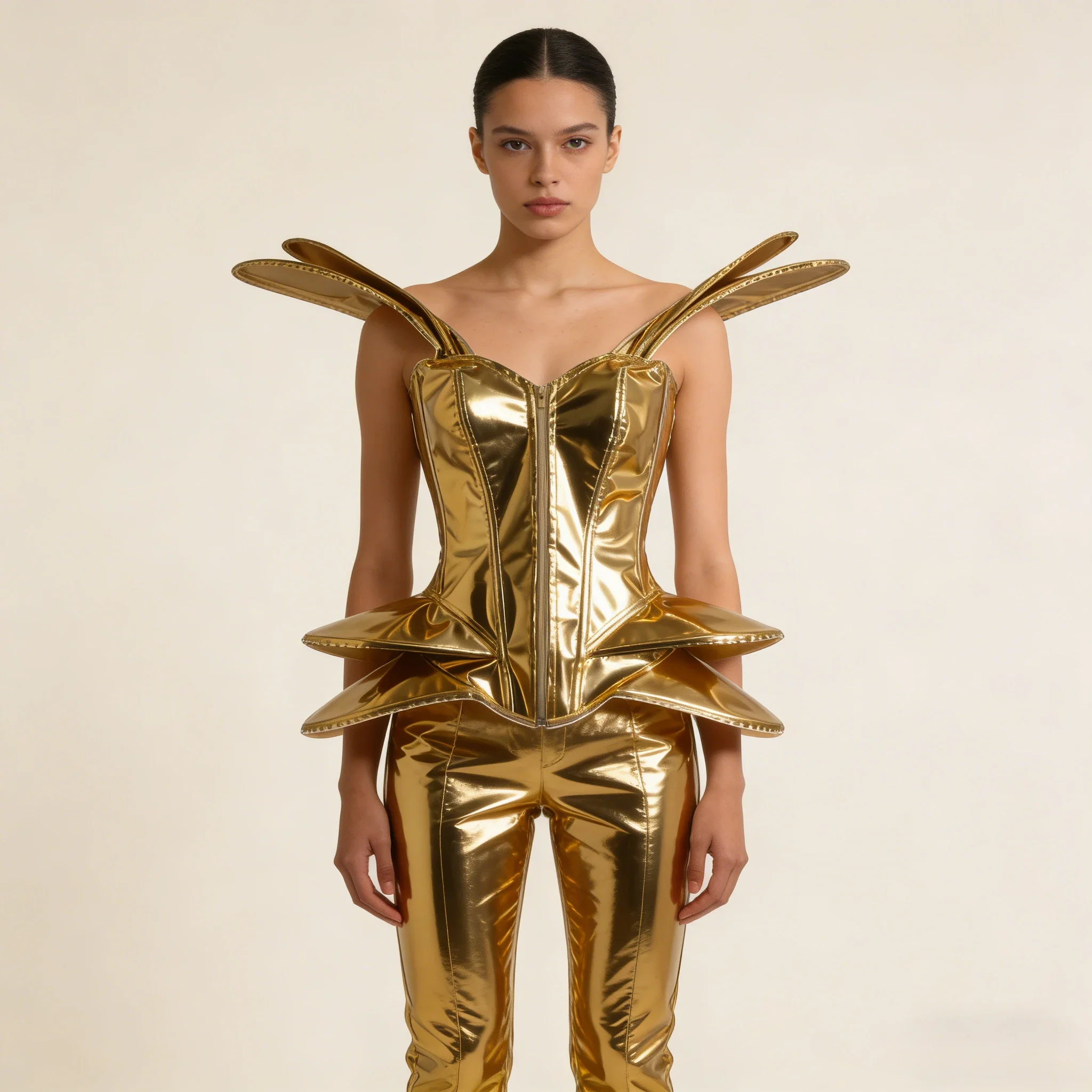 Women Tight Corset Bustier Stage Costume Shiny Gold Pu Leather Cyberpunk Corset Stage Performance Space Suit Polyester Fiber
Women Tight Corset Bustier Stage Costume Shiny Gold Pu Leather Cyberpunk Corset Stage Performance Space Suit Polyester Fiber
