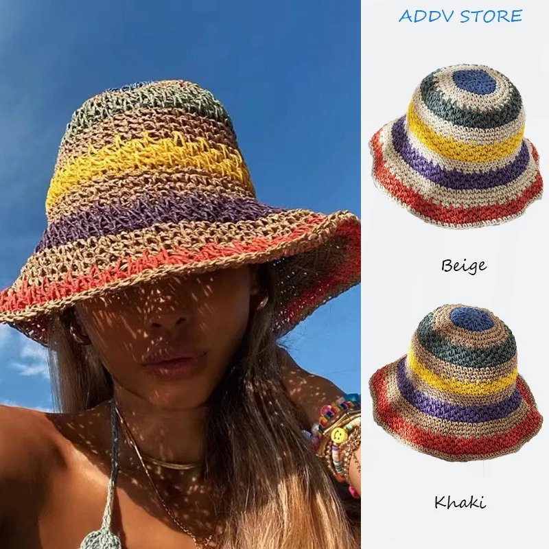 

Woman Foldable Bohemia Rainbow Color-blocking Bucket Hat Hyuna Style Crochet Hook Weave Seaside Sun Protection Bucket Hats