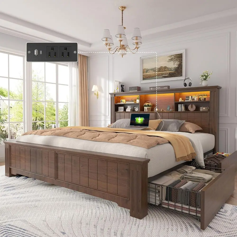 Brown Wooden Queen Bed with 4 Drawers, LED Lights, Charging Ports, No Box Spring, Silent
Brown Wooden Queen Bed with 4 Drawers, LED Lights, Charging Ports, No Box Spring, Silent