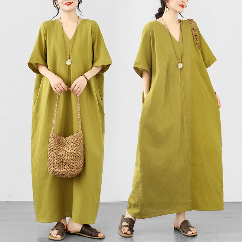 Loose Fit Long V-Neck Double Layer Batwing Sleeve Short Sleeve Green Dress Women's Summer City Walk Cotton Polyester Blend Dress
Loose Fit Long V-Neck Double Layer Batwing Sleeve Short Sleeve Green Dress Women's Summer City Walk Cotton Polyester Blend Dress