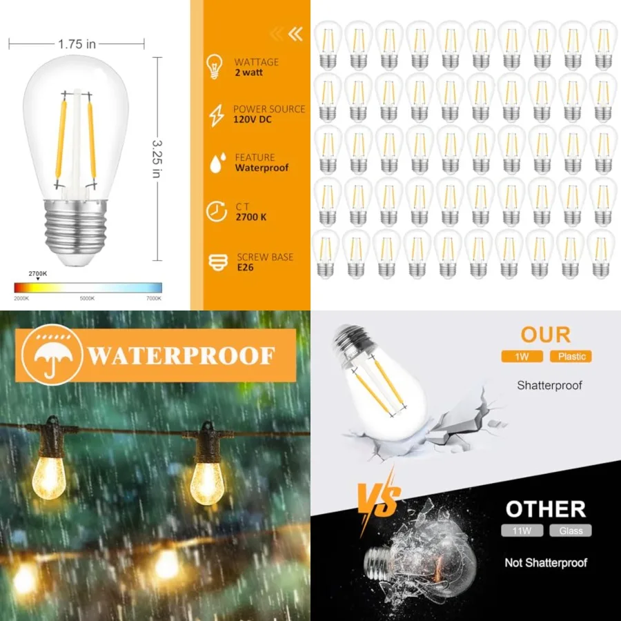 100Pack 2W S14 LED String Light Bulbs Replacement, 120LM, 2700K Warm White, Shatterproof, E26 Screw Base
100Pack 2W S14 LED String Light Bulbs Replacement, 120LM, 2700K Warm White, Shatterproof, E26 Screw Base