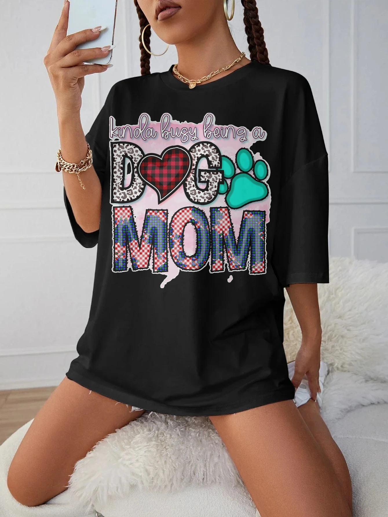 kinda busy being a dog mom Women's Winter T-Shirt Black Loose Fit Round Neck Maternity Wear for Late Pregnancy
kinda busy being a dog mom Women's Winter T-Shirt Black Loose Fit Round Neck Maternity Wear for Late Pregnancy