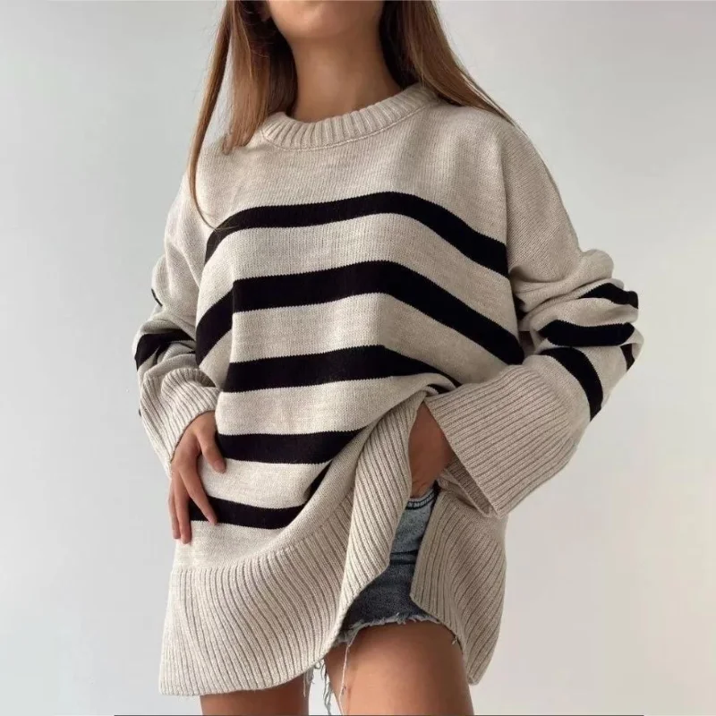 Camel Striped Knitted Sweater Female Jumpers Long Sleeve Knitting Pullovers Women Pull Tops Autumn Winter White Loose Sweaters
Camel Striped Knitted Sweater Female Jumpers Long Sleeve Knitting Pullovers Women Pull Tops Autumn Winter White Loose Sweaters