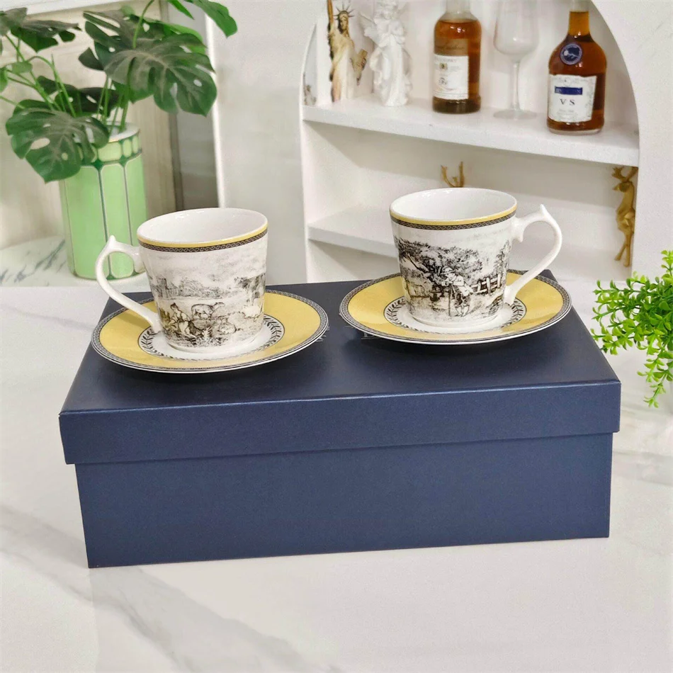 European Manor Pattern Bone China Coffee Cup and Saucer Set of 2 Elegant Afternoon Tea Tableware Home Premium Tea Set Gift Box
European Manor Pattern Bone China Coffee Cup and Saucer Set of 2 Elegant Afternoon Tea Tableware Home Premium Tea Set Gift Box