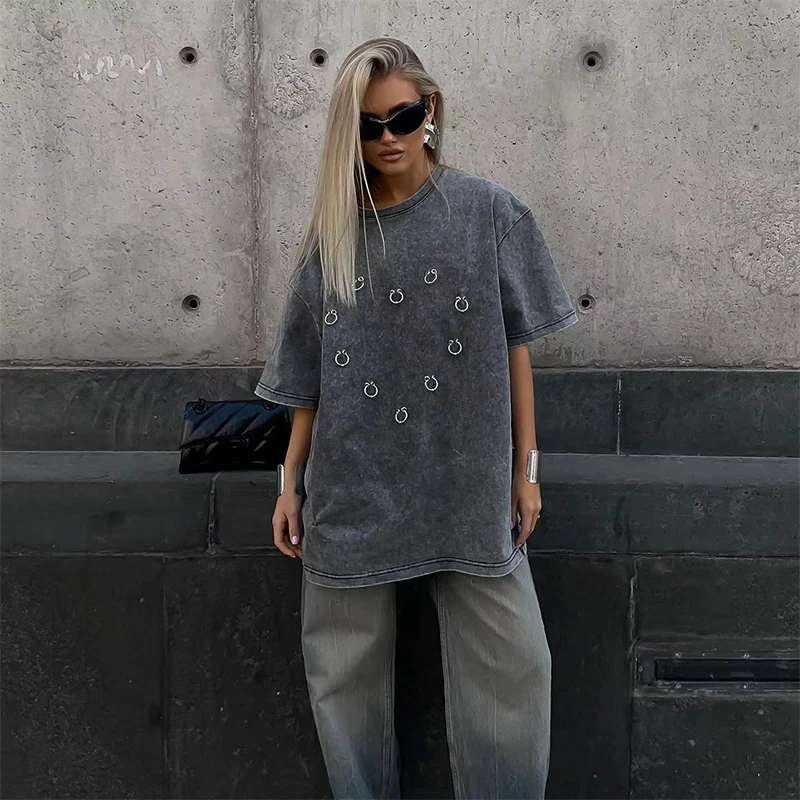 Women 100% Cotton Vintage Washed Oversized T-Shirt Punk Metal Ring Print Short Sleeve Tee Casual Streetwear Dark Gray Loose Tops
Women 100% Cotton Vintage Washed Oversized T-Shirt Punk Metal Ring Print Short Sleeve Tee Casual Streetwear Dark Gray Loose Tops