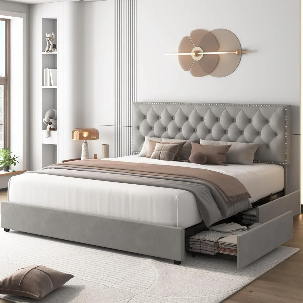 HOSTACK King Size Bed Frame with 4 Storage Drawers, Modern Upholstered Platform Bed with Adjustable Headboard,Button Tufted Bed
HOSTACK King Size Bed Frame with 4 Storage Drawers, Modern Upholstered Platform Bed with Adjustable Headboard,Button Tufted Bed