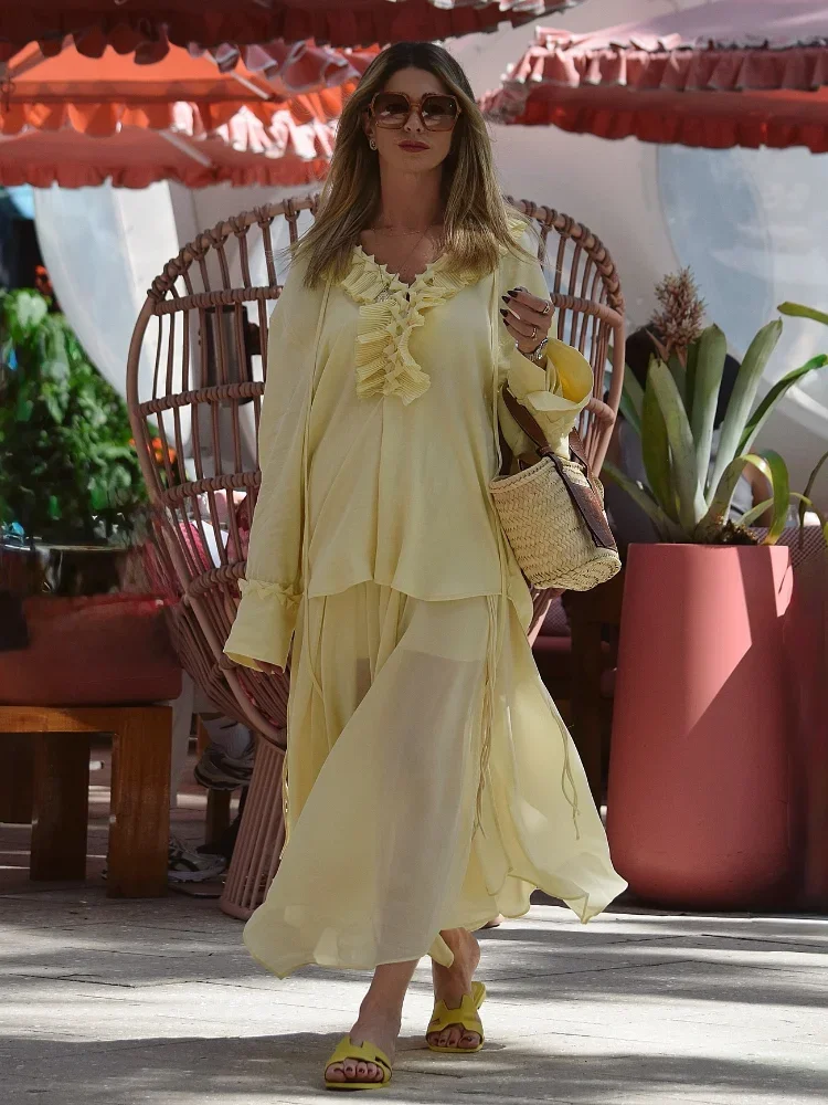 Fashion Yellow Women's Ruffles Skirt 2 Piece Sets Elegant V-neck Lace Up Full Sleeve Casual Shirt Suit Chic Female Loose Outfits
Fashion Yellow Women's Ruffles Skirt 2 Piece Sets Elegant V-neck Lace Up Full Sleeve Casual Shirt Suit Chic Female Loose Outfits
