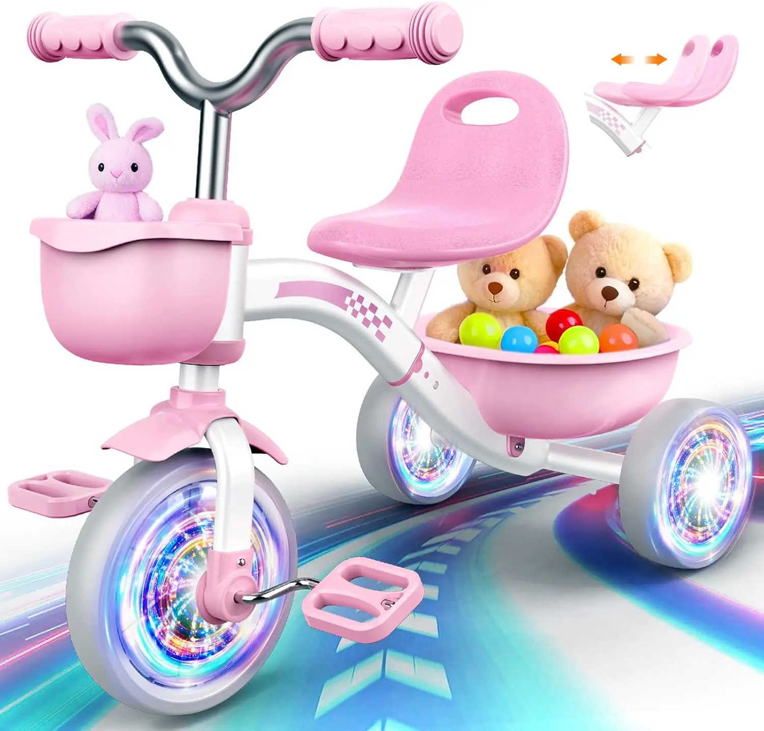 Toddler Tricycle for 1-5 Year Olds, 4-Level Adjustable Seat, Glowing Wheels, 2 Baskets, Pink Baby Bike, Outdoor Riding Toy
Toddler Tricycle for 1-5 Year Olds, 4-Level Adjustable Seat, Glowing Wheels, 2 Baskets, Pink Baby Bike, Outdoor Riding Toy