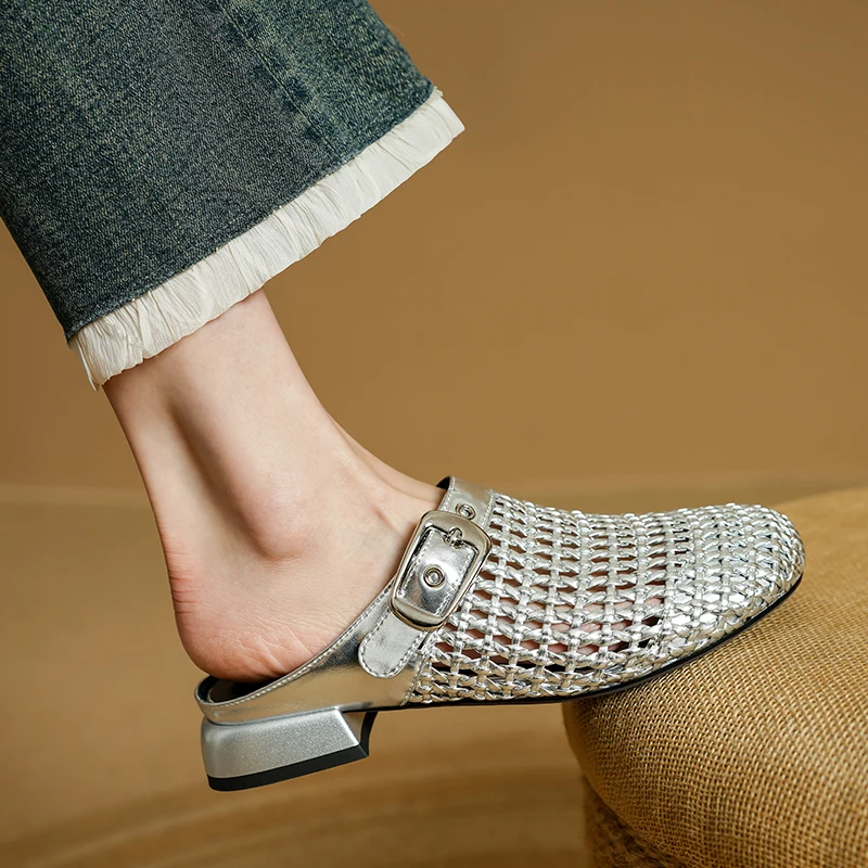 Design Casual Summer Weave Sandals Women Genuine Leather Covered Toe Belt Buckle Low Heels Vacation Beach Slippers Shoes Silver
Design Casual Summer Weave Sandals Women Genuine Leather Covered Toe Belt Buckle Low Heels Vacation Beach Slippers Shoes Silver