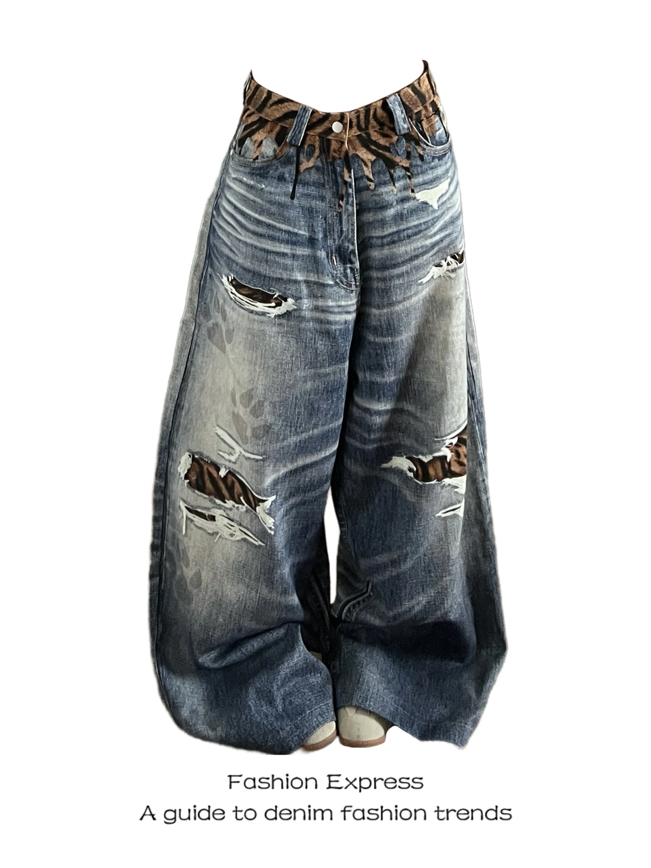 Trendy Patchwork Denim Pants Women's Loose Fit Leopard Print Hole Design High Waist Wide Leg Pants Casual Style Jeans
Trendy Patchwork Denim Pants Women's Loose Fit Leopard Print Hole Design High Waist Wide Leg Pants Casual Style Jeans