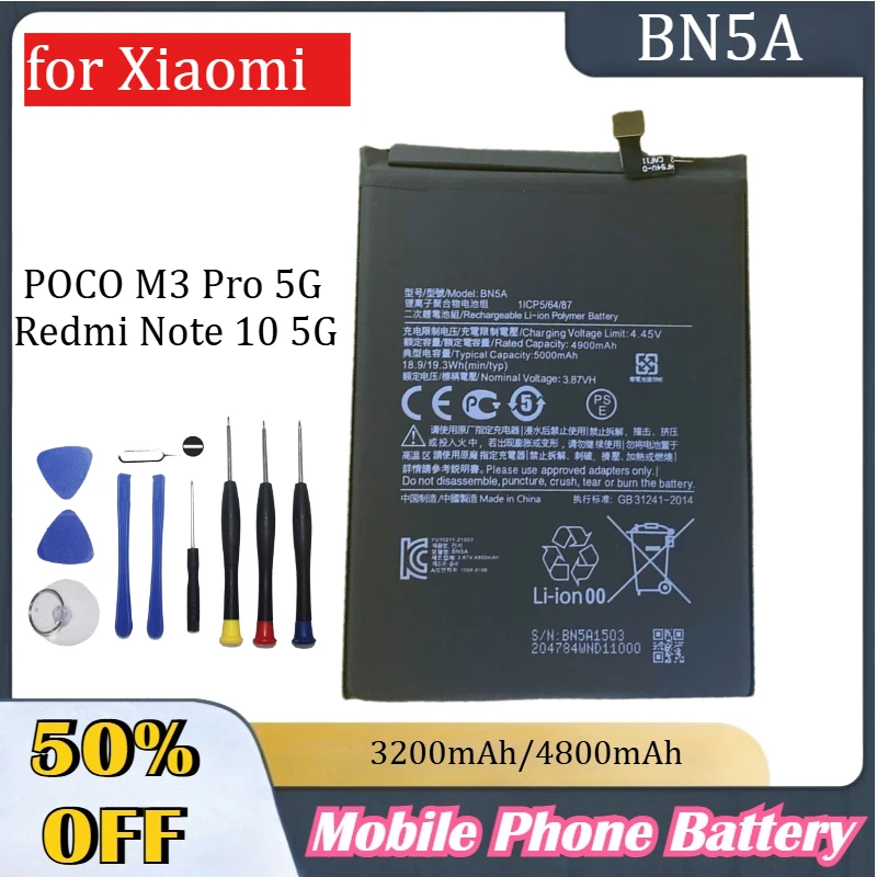 High Quality BN5A Battery 3200mAh/4800mAh for Xiaomi POCO M3 Pro 5G/Redmi Note 10 5G, Fast Shipping + Tools 
High Quality BN5A Battery 3200mAh/4800mAh for Xiaomi POCO M3 Pro 5G/Redmi Note 10 5G, Fast Shipping + Tools