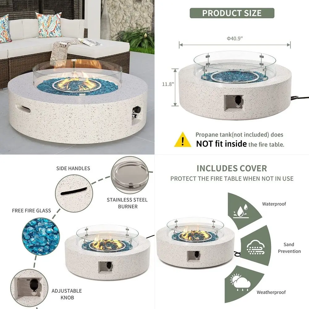 Outdoor Propane Fire Pit Coffee Table w Terrazzo White 40.5inch Round Base Patio Heater, Certified, 50,000 BTU Stainless Steel
Outdoor Propane Fire Pit Coffee Table w Terrazzo White 40.5inch Round Base Patio Heater, Certified, 50,000 BTU Stainless Steel