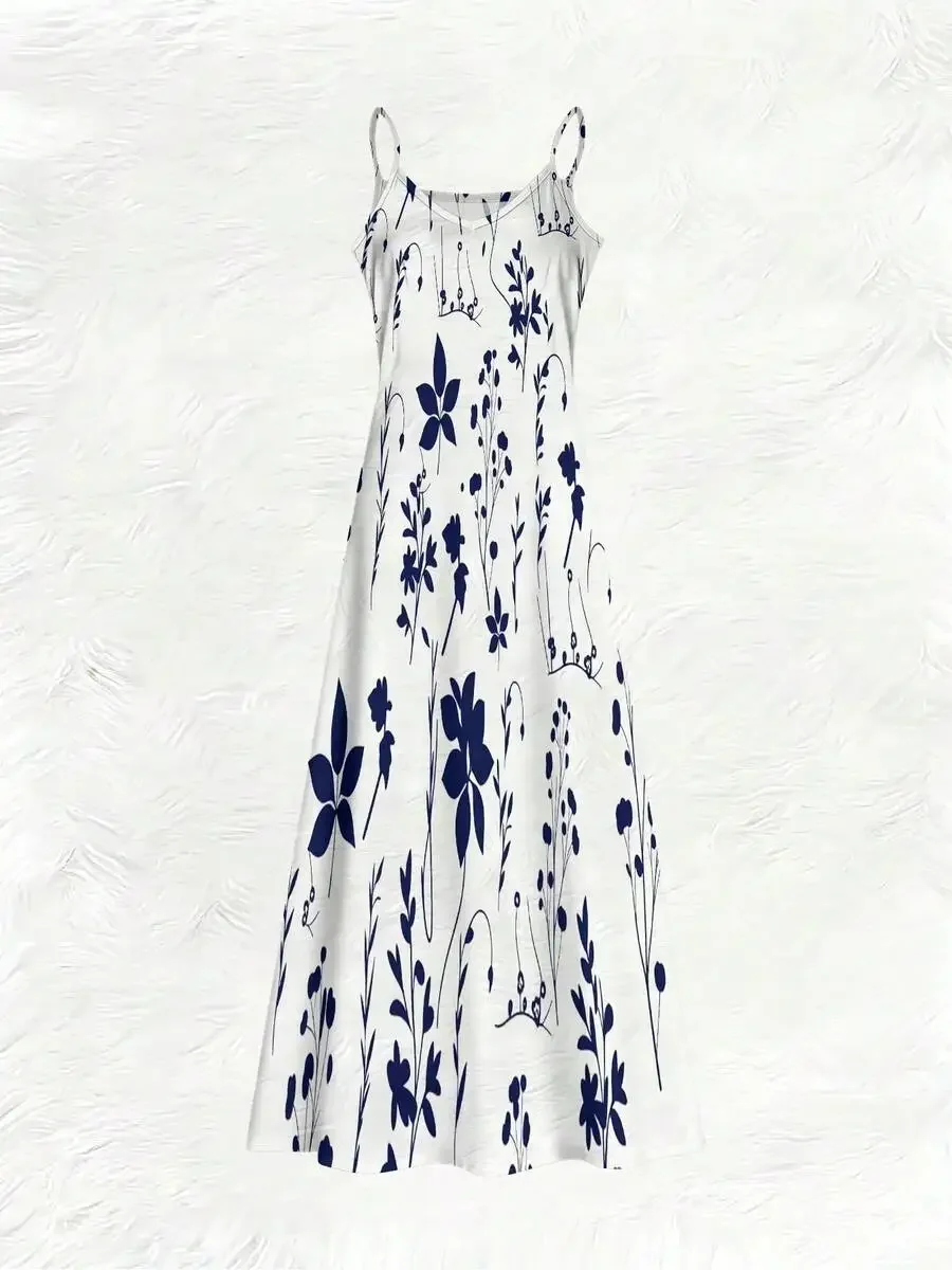 Women Spaghetti Strap Maxi Dress Blue Floral Print Casual Knit Dress
Women Spaghetti Strap Maxi Dress Blue Floral Print Casual Knit Dress