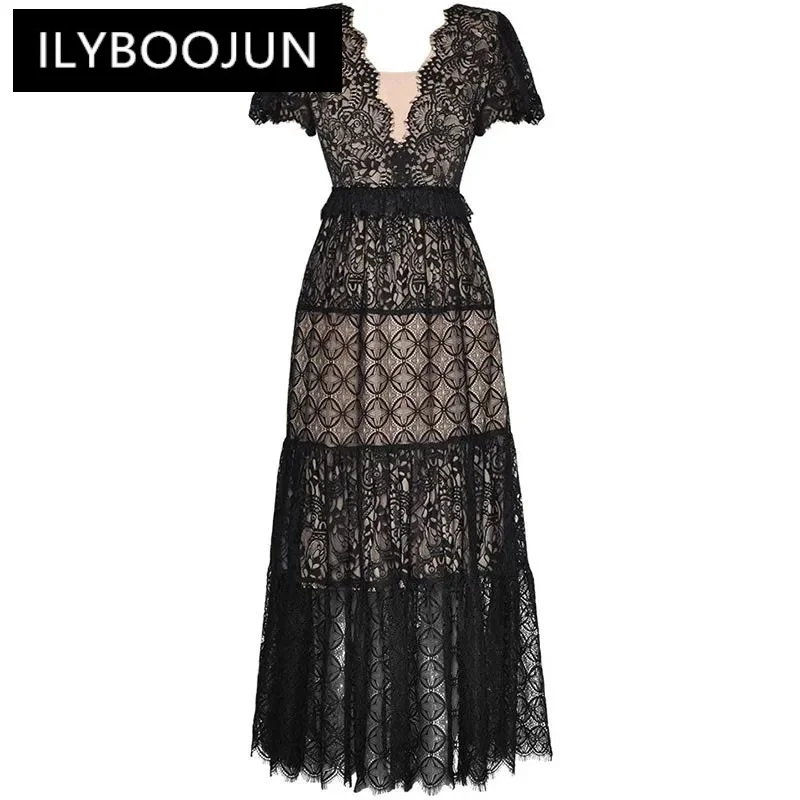 ILYBOOJUN Fashion Designers Spring Summer Woman's dress V-Neck Short sleeved Hollow out Ruffles Black Lace Long Dresses
ILYBOOJUN Fashion Designers Spring Summer Woman's dress V-Neck Short sleeved Hollow out Ruffles Black Lace Long Dresses