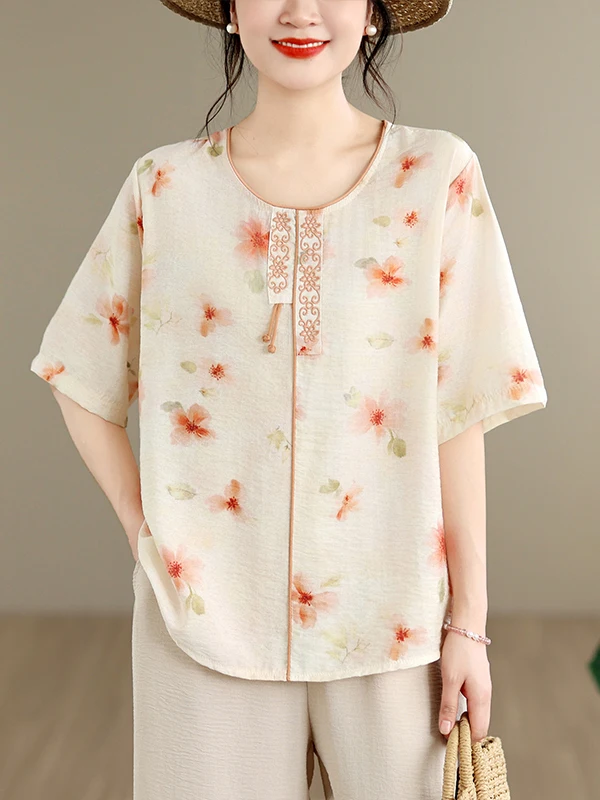 Summer round Neck Short Sleeve Embroidered Printed Shirt Women's Casual Style Loose Fit Cotton Blend Top Versatile Ethnic Style
Summer round Neck Short Sleeve Embroidered Printed Shirt Women's Casual Style Loose Fit Cotton Blend Top Versatile Ethnic Style