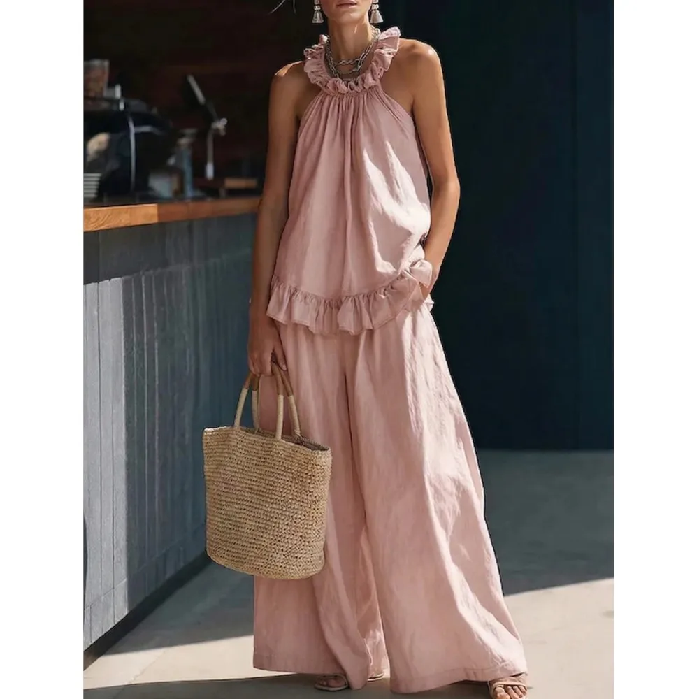 Fashion Halterneck Ruffle Collar Women's Top Suit Summer New Casual Loose Wide-leg Trousers Sexy Female Vacation 2-piece Set
Fashion Halterneck Ruffle Collar Women's Top Suit Summer New Casual Loose Wide-leg Trousers Sexy Female Vacation 2-piece Set