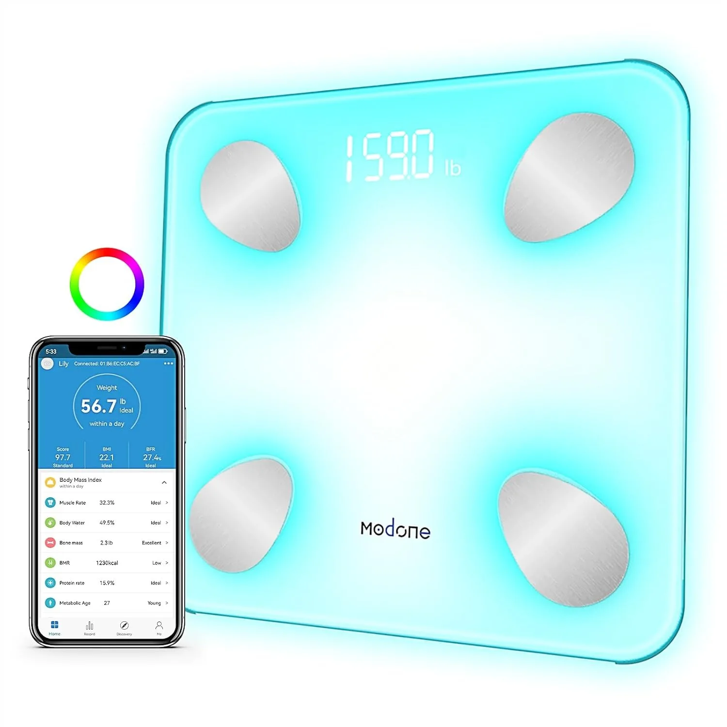 Digital Scale for Body Weight, Accurate to 0.2lb, Bluetooth Bathroom Scale with Color-Changing Lights, 18 Health Metrics Sync
Digital Scale for Body Weight, Accurate to 0.2lb, Bluetooth Bathroom Scale with Color-Changing Lights, 18 Health Metrics Sync