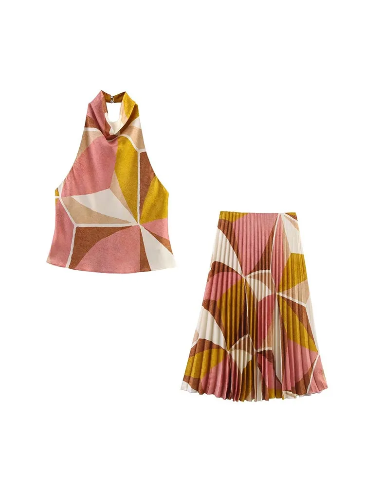 Women Summer 2-Pieces Sets 2025 Vintage Print Halter Tops and Pleated Skirts Female Elegant Street Satin Two Suits Clothing
Women Summer 2-Pieces Sets 2025 Vintage Print Halter Tops and Pleated Skirts Female Elegant Street Satin Two Suits Clothing