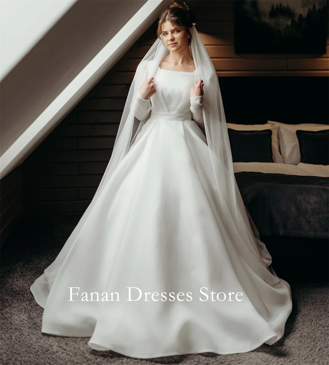 Fanan Square Neck Ivory A-Line Wedding Dress Customized Organza Sweep Train Long Sleeves Bridal Party Gown Vestidos De Novia
Fanan Square Neck Ivory A-Line Wedding Dress Customized Organza Sweep Train Long Sleeves Bridal Party Gown Vestidos De Novia