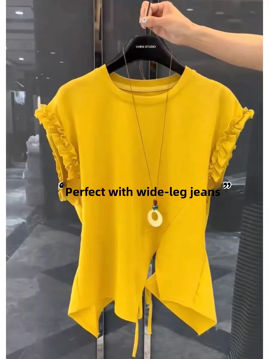 Summer Trendy Women's ort Sve T-irt Waist Design Knot Slit Loose Fit Regular Length round Ne Thinming Asymmetrical Top
Summer Trendy Women's ort Sve T-irt Waist Design Knot Slit Loose Fit Regular Length round Ne Thinming Asymmetrical Top