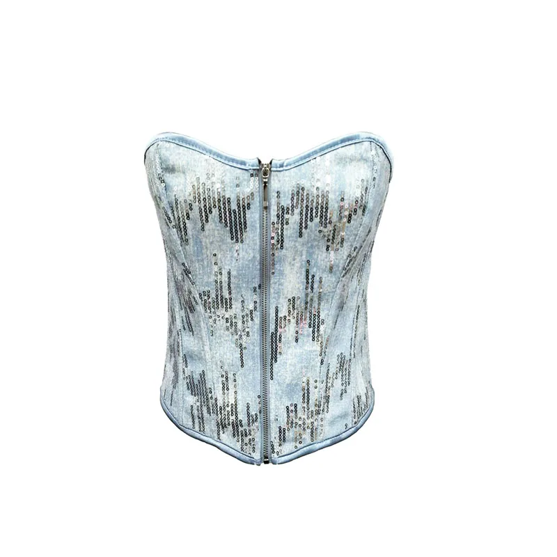 2025 summer new blue zipper strap silver sequins women's denim strapless body sculpting waistband trousers
2025 summer new blue zipper strap silver sequins women's denim strapless body sculpting waistband trousers
