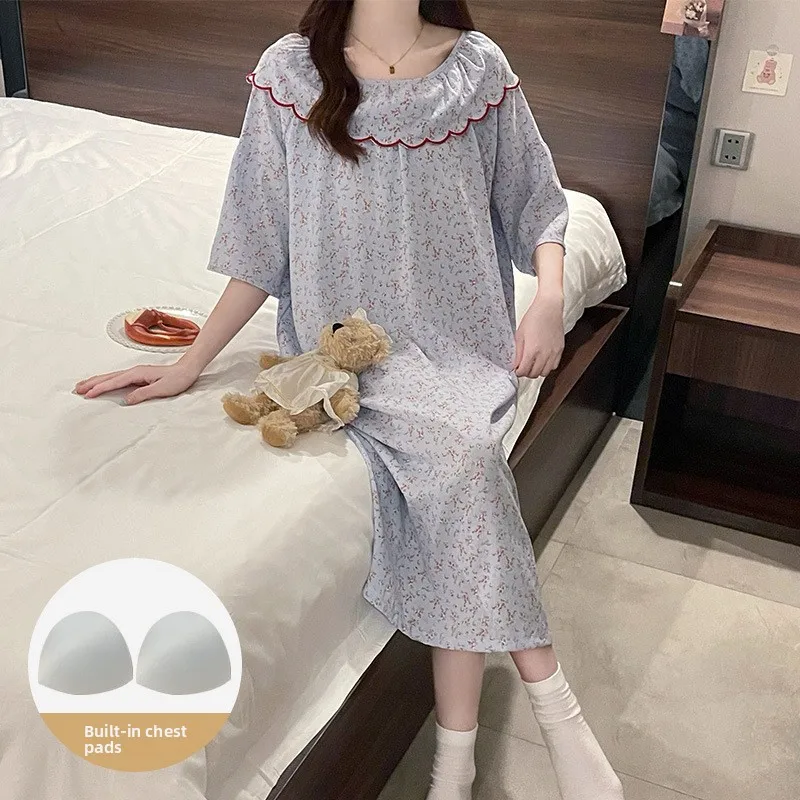Cloud Cotton Women's Sleepwear with Chest Pad Summer New Loose Short Sleeve Floral Print Nightgown Home Clothes 2025
Cloud Cotton Women's Sleepwear with Chest Pad Summer New Loose Short Sleeve Floral Print Nightgown Home Clothes 2025
