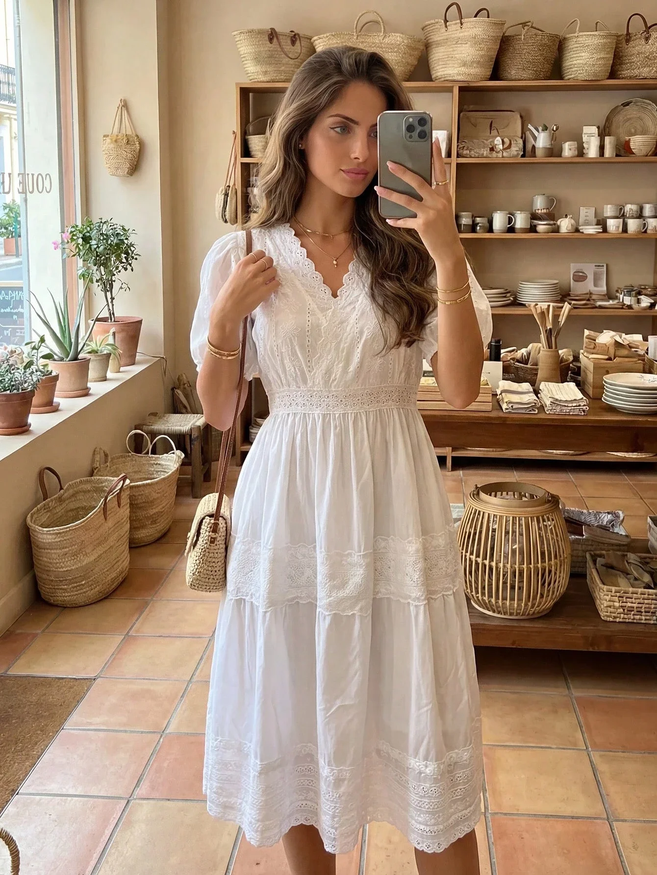 White Summer Dress With V-Neck, Puffed Sleeves, Lace Detailing, And Tiered Skirt For Vacation Wear
White Summer Dress With V-Neck, Puffed Sleeves, Lace Detailing, And Tiered Skirt For Vacation Wear