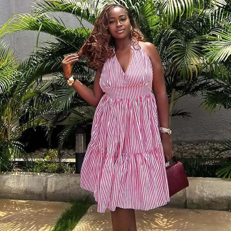 New striped sleeveless elastic waist flared dress African plus size backless fashion women's dress
New striped sleeveless elastic waist flared dress African plus size backless fashion women's dress