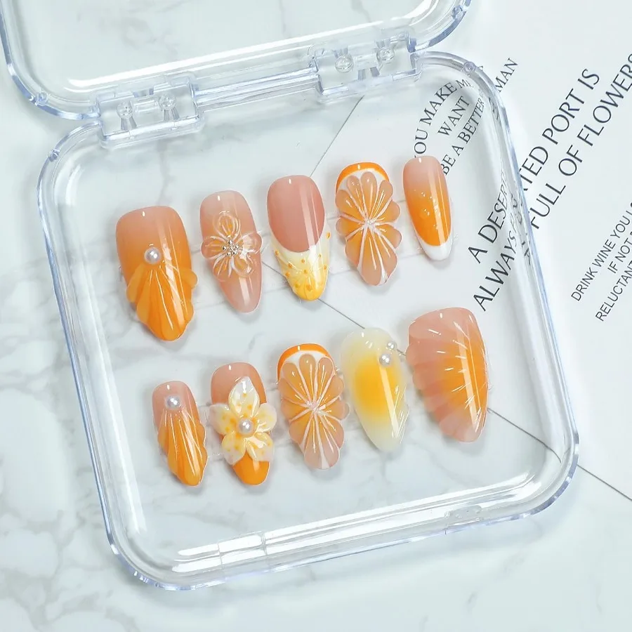 10 Pcs Handmade Press on Nails Medium Almond Fake Nails French Tip False Nails with 3D Flower Orange Design Summer 3D Nails Thi
10 Pcs Handmade Press on Nails Medium Almond Fake Nails French Tip False Nails with 3D Flower Orange Design Summer 3D Nails Thi