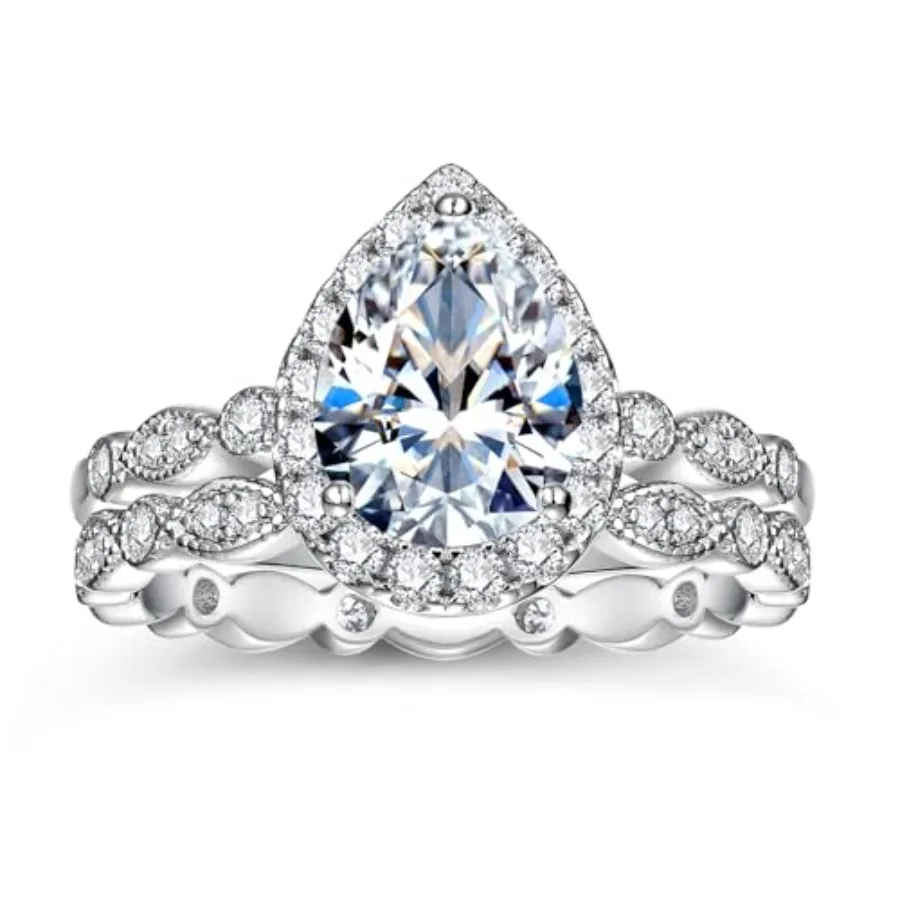 WES 2ct Pear Moissanite Bridal Ring Set - 925 Sterling Silver Hypoallergenic D Color VVS1 Stackable Moissanite Engagement Weddi
WES 2ct Pear Moissanite Bridal Ring Set - 925 Sterling Silver Hypoallergenic D Color VVS1 Stackable Moissanite Engagement Weddi