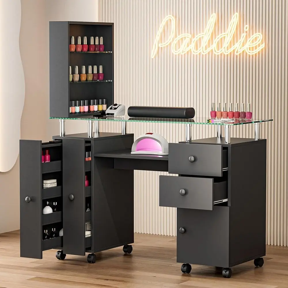 Glass Top Manicure Table with Shelves, Wrist Cushion, Lockable Wheels, Storage Drawers, Black Handles
Glass Top Manicure Table with Shelves, Wrist Cushion, Lockable Wheels, Storage Drawers, Black Handles