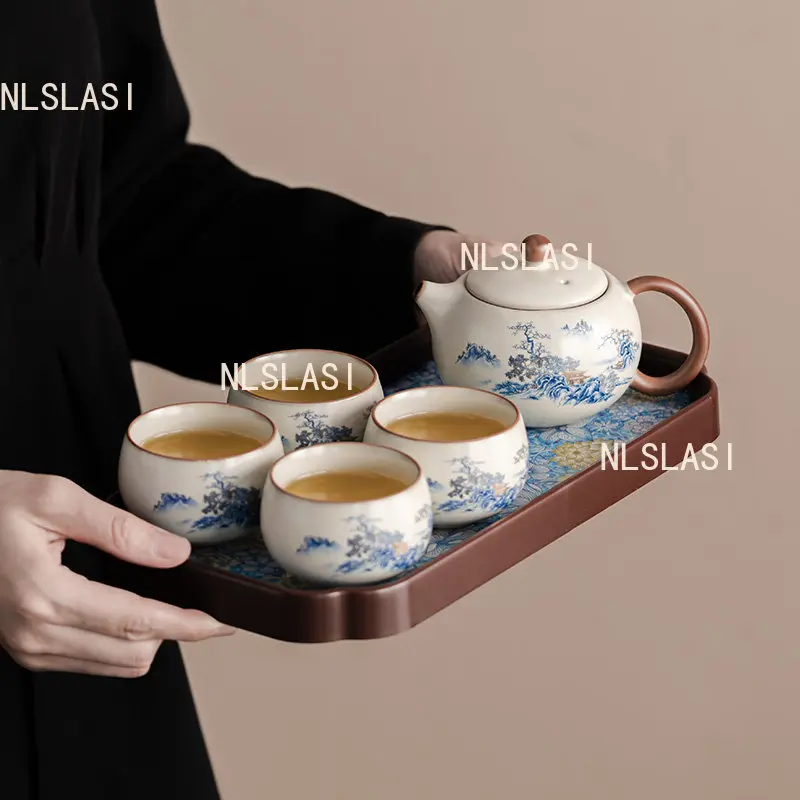 Ru Kiln Landscape Tea Set Blue and White Xishi Teapot 1 Pot, 2 Cups Chinese Ceramic Kung Fu Tea Set Tea Tasting Cup Teapot
Ru Kiln Landscape Tea Set Blue and White Xishi Teapot 1 Pot, 2 Cups Chinese Ceramic Kung Fu Tea Set Tea Tasting Cup Teapot