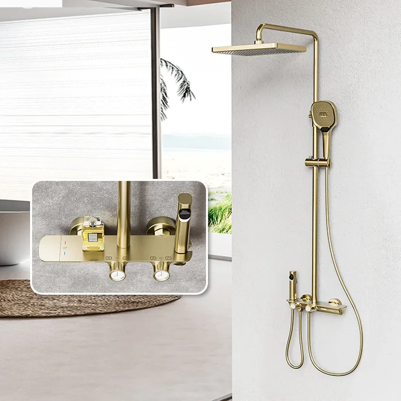 Luxury Copper Shower System Gold Matte Four Functions with Thermostatic Control Bathroom
Luxury Copper Shower System Gold Matte Four Functions with Thermostatic Control Bathroom