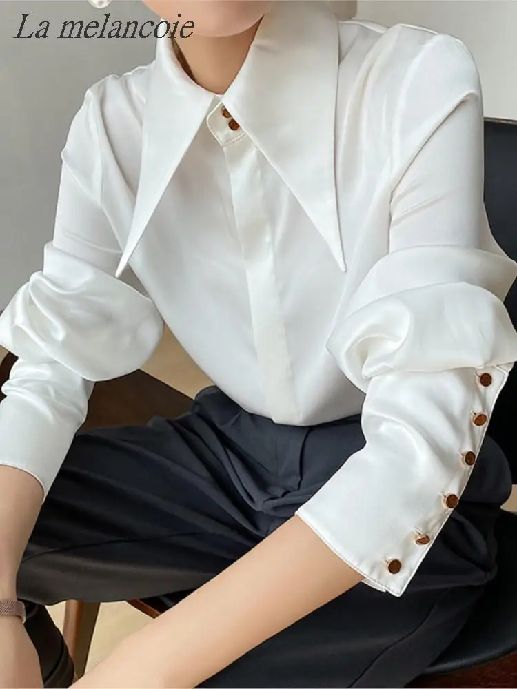 Satin Shirts For Women Fashion Elegant Pointed Collar Casual Loose Blouse 2024 New Spring Summer Office Lady Chic Solid Tops
Satin Shirts For Women Fashion Elegant Pointed Collar Casual Loose Blouse 2024 New Spring Summer Office Lady Chic Solid Tops