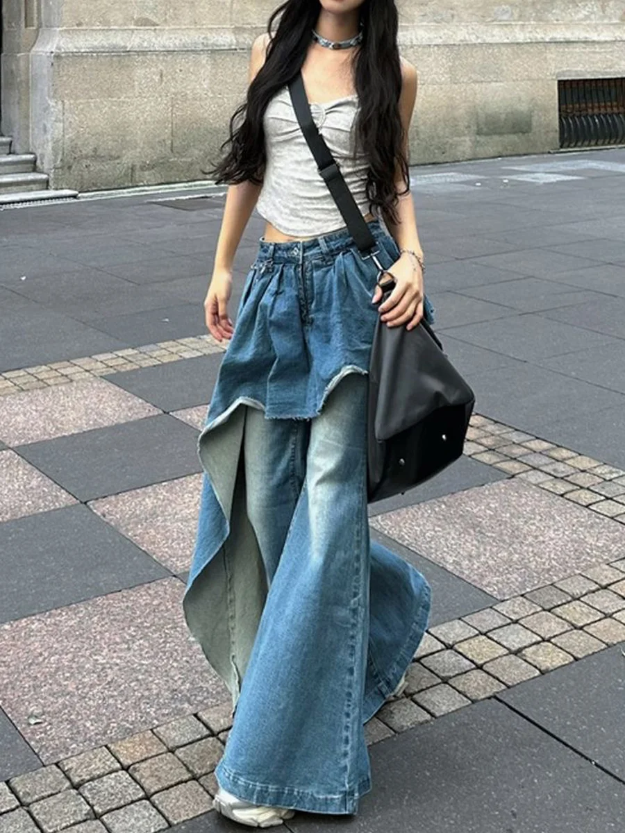 Slimming High Waist Bell Bottom Jeans Irregular Splicing Design Trendy Women's Summer New Style Fake Two-Piece Denim Pants
Slimming High Waist Bell Bottom Jeans Irregular Splicing Design Trendy Women's Summer New Style Fake Two-Piece Denim Pants